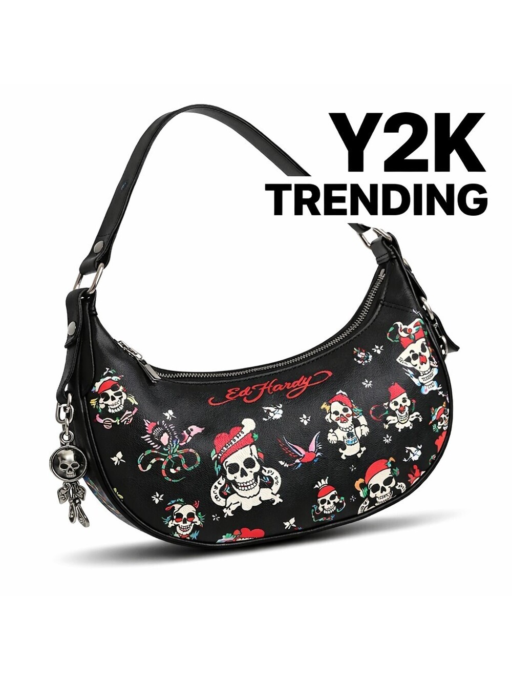 Ed Hardy Studded Tattoo Shoulder Bag Tote Skull Heart Tiger Rose - Black